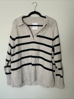 aerie Cream & Black Striped V-Neck Collared Sweater